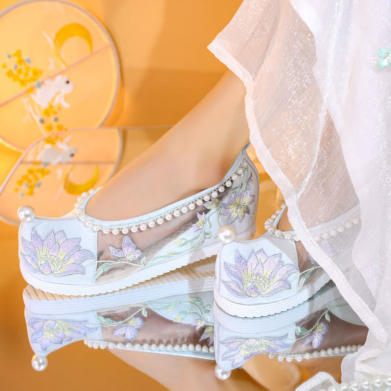 White Floral Embroidery Pearl Decor Mesh Shoes modakawa