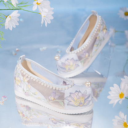 White Floral Embroidery Pearl Decor Mesh Shoes modakawa