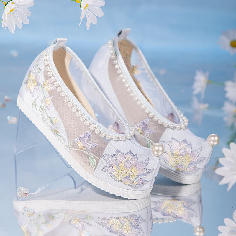 White Floral Embroidery Pearl Decor Mesh Shoes modakawa