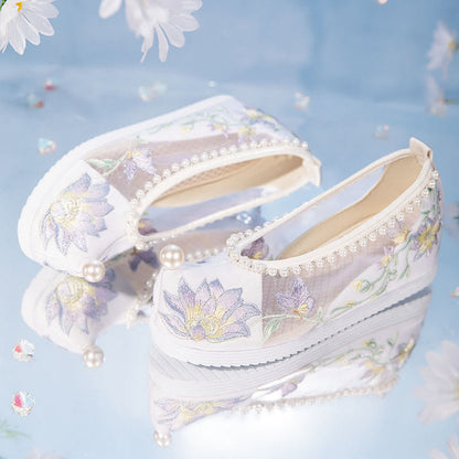 White Floral Embroidery Pearl Decor Mesh Shoes modakawa