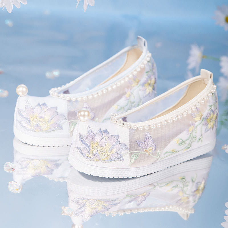 White Floral Embroidery Pearl Decor Mesh Shoes modakawa