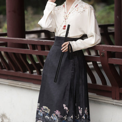 V-neck Shirt Vintage Print Pleated Skirt modakawa