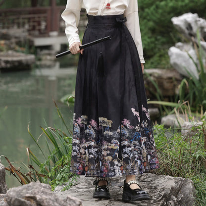 V-neck Shirt Vintage Print Pleated Skirt modakawa