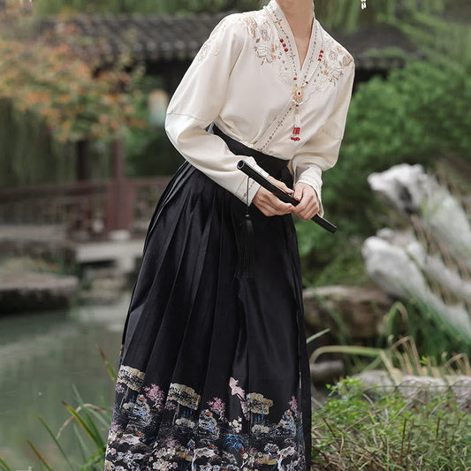 Elegant V-neck Long Sleeve Shirt Vintage Print Pleated Skirt modakawa