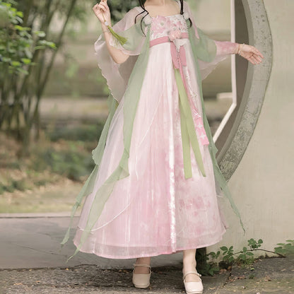 Sweet Floral Decor Mesh Dress Hanfu Costume modakawa