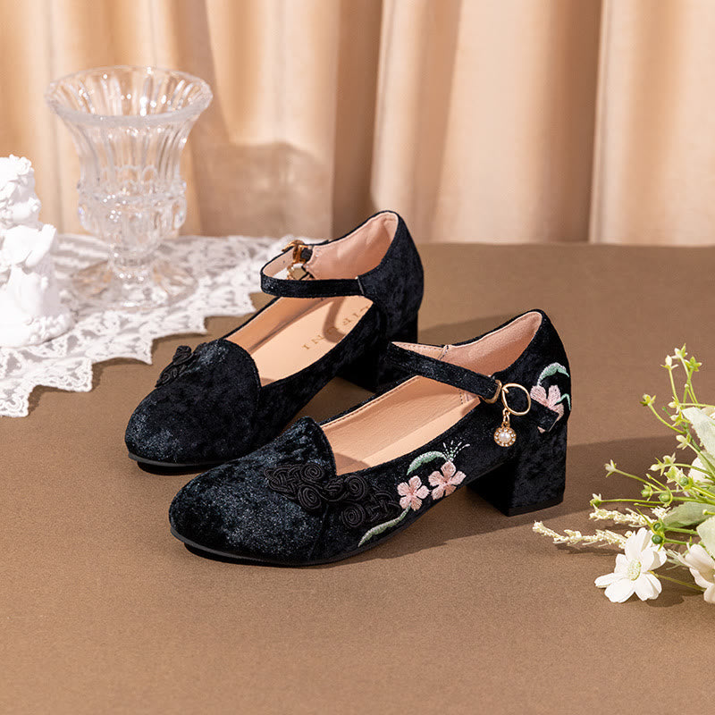 Retro Floral Embroidery Toe High Heel Shoes modakawa