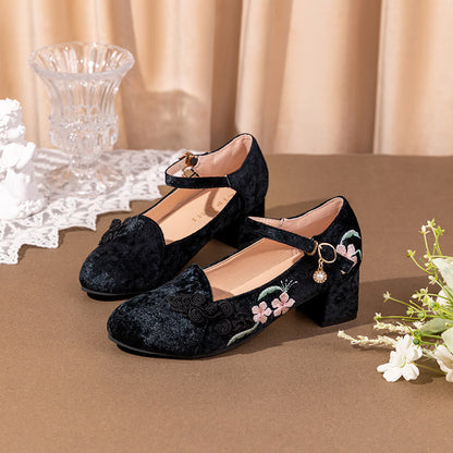 Retro Floral Embroidery Toe High Heel Shoes modakawa