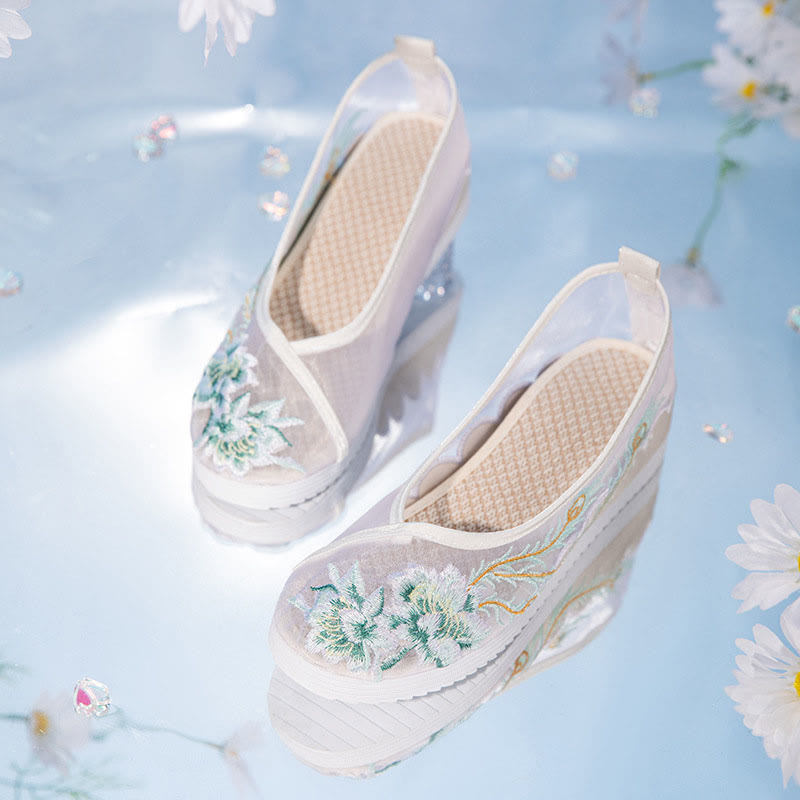 Blue Floral Embroidery Flat Mesh Shoes modakawa