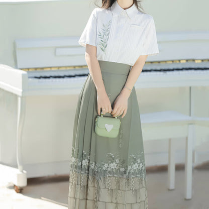 Sweet Leaf Print Shirt Flower Print Skirt modakawa