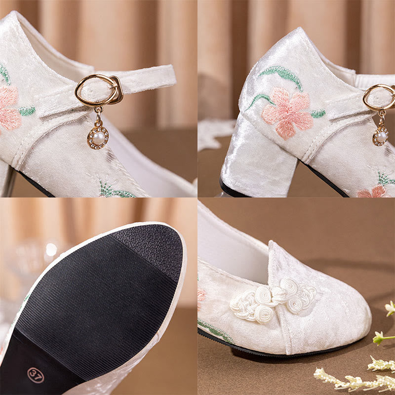 Retro Floral Embroidery Toe High Heel Shoes modakawa