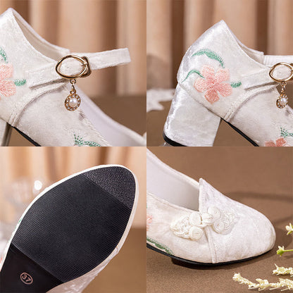 Retro Floral Embroidery Toe High Heel Shoes modakawa