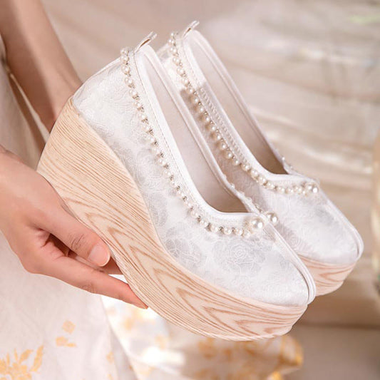 Elegant Pearl Decor Vintage Platform Shoes modakawa