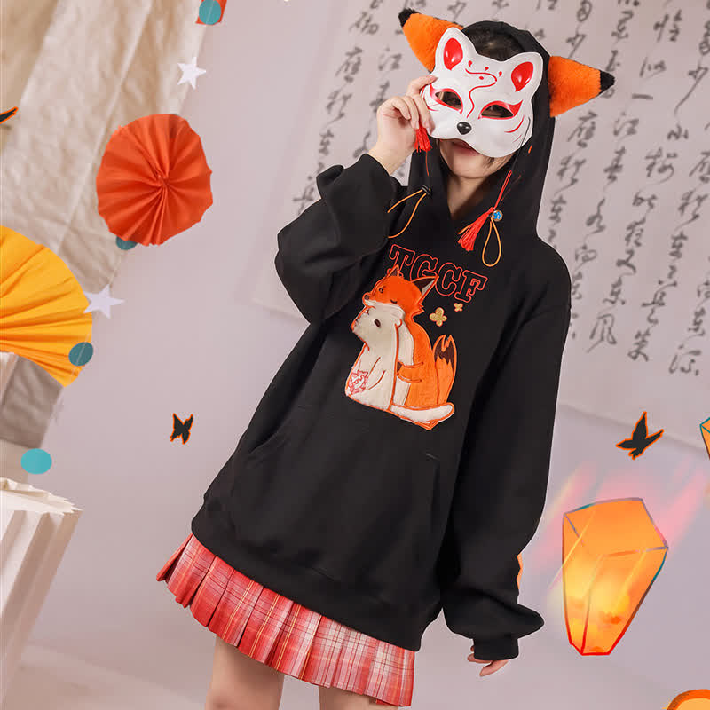 Fox Embroidery Pocket Loose Hoodie modakawa