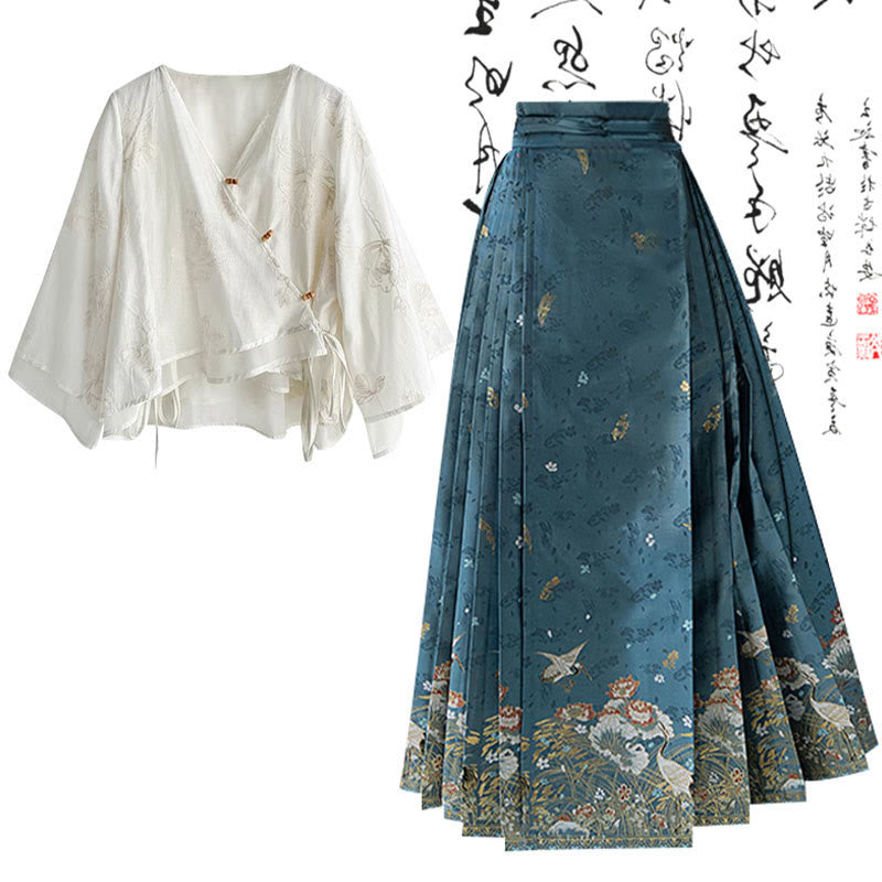 Vintage Lace-up Shirt High Waist Pleated Skirt Set modakawa