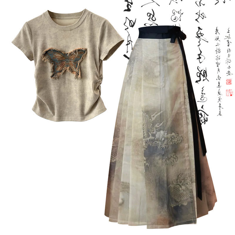 Vintage Butterfly Print T-Shirt Painting Pleated Skirt modakawa