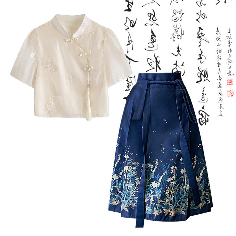 Vintage Buckle Tassel Shirt Blue Pleated Skirt modakawa