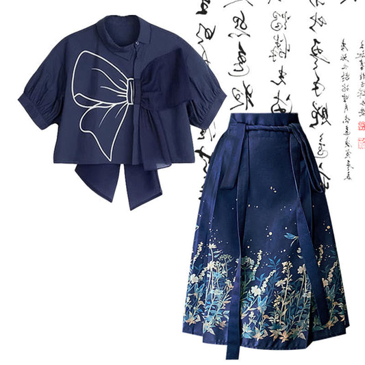 Blue Bow Print Print T-Shirt Vintage Pleated Skirt modakawa