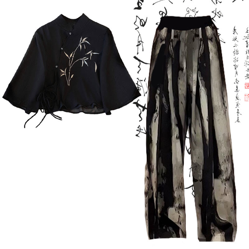 Vintage Black Bamboo Print Shirt Loose Casual Pants modakawa