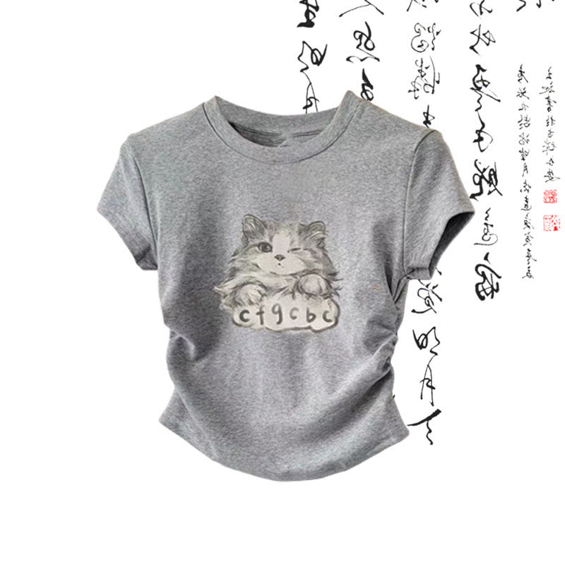 Cartoon Cat Print T-Shirt Wash Painting Print Loose Pants modakawa