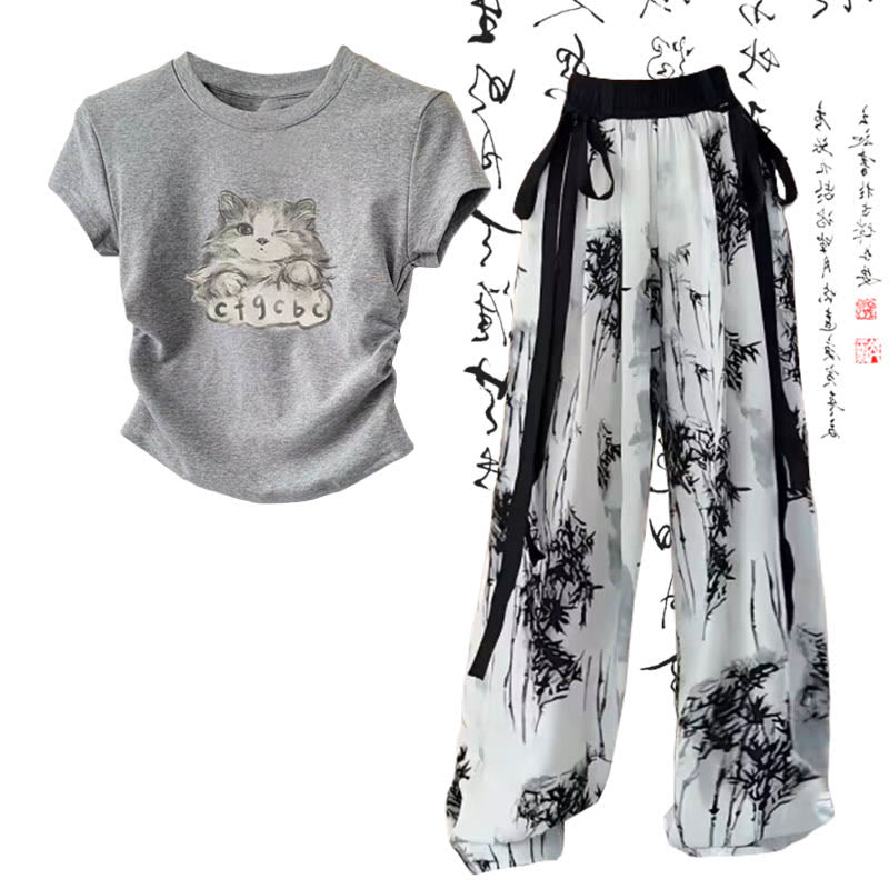 Cartoon Cat Print T-Shirt Wash Painting Print Loose Pants modakawa