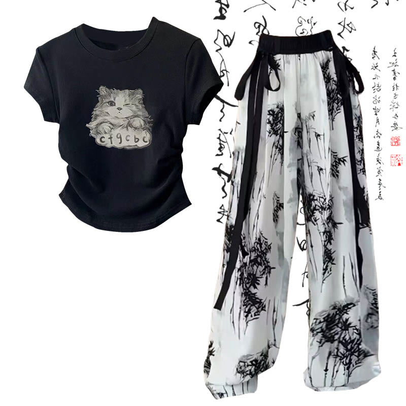 Cartoon Cat Print T-Shirt Wash Painting Print Loose Pants modakawa