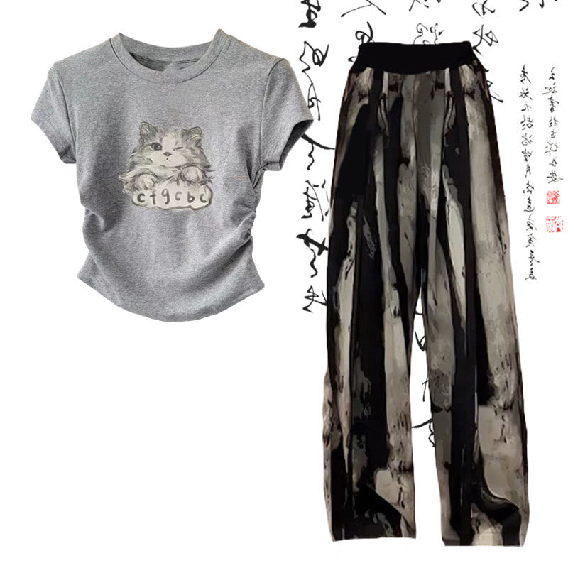 Cartoon Cat Print T-Shirt Wash Painting Print Loose Pants modakawa