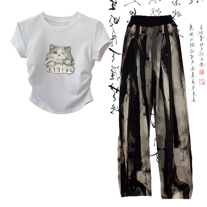 Cartoon Cat Print T-Shirt Wash Painting Print Loose Pants modakawa