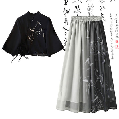 Black Buckle Bamboo Print Shirt High Waist Skirt modakawa