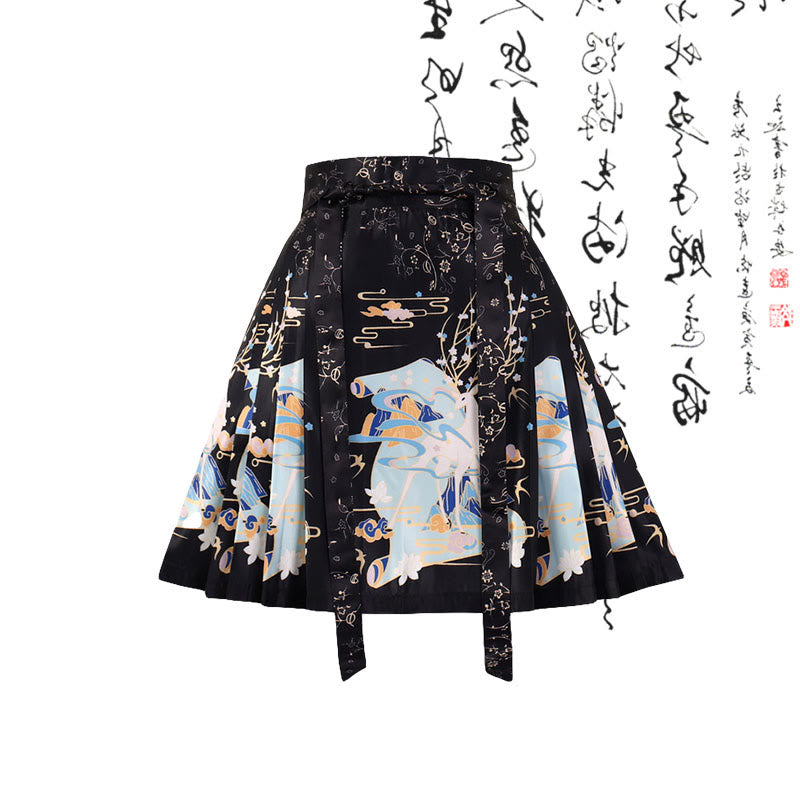 Vintage Black Bamboo Print Shirt Lace-up Pleated Skirt modakawa