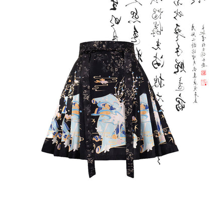 Vintage Black Bamboo Print Shirt Lace-up Pleated Skirt modakawa