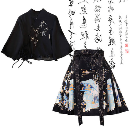 Vintage Black Bamboo Print Shirt Lace-up Pleated Skirt modakawa