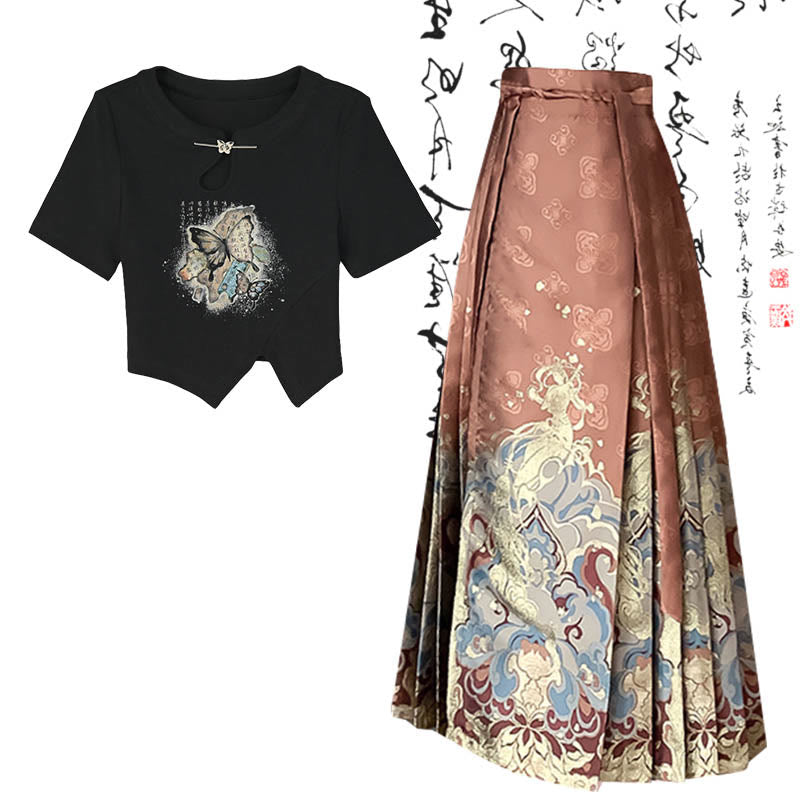 Chic Butterfly Print T-Shirt High Waist Pleated Skirt modakawa