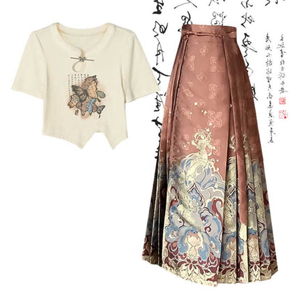 Chic Butterfly Print T-Shirt High Waist Pleated Skirt modakawa