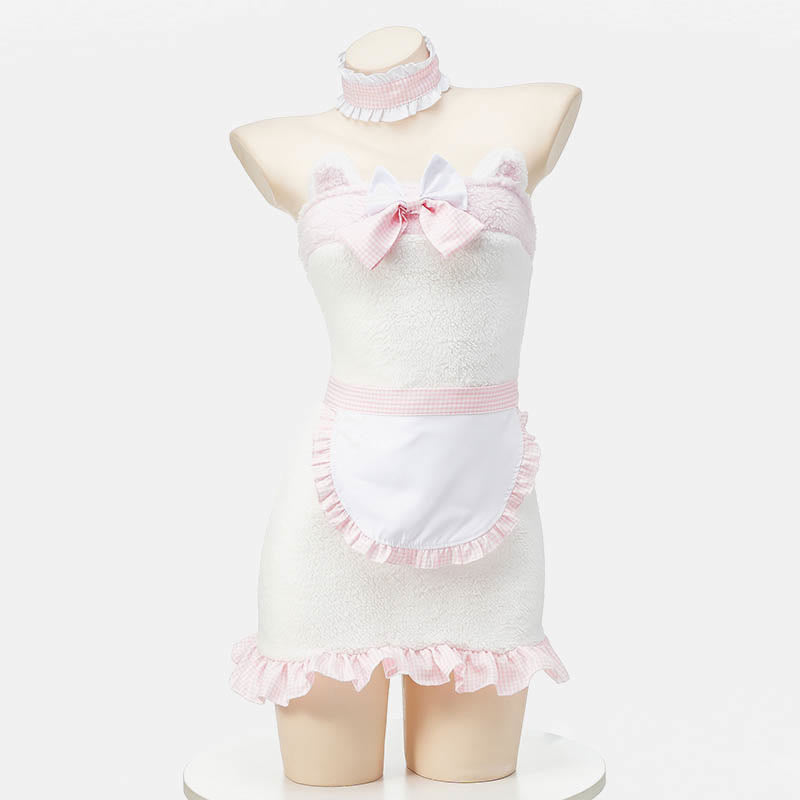 Pink Bow Knot Fuzzy Maid Apron Dress Lingerie modakawa