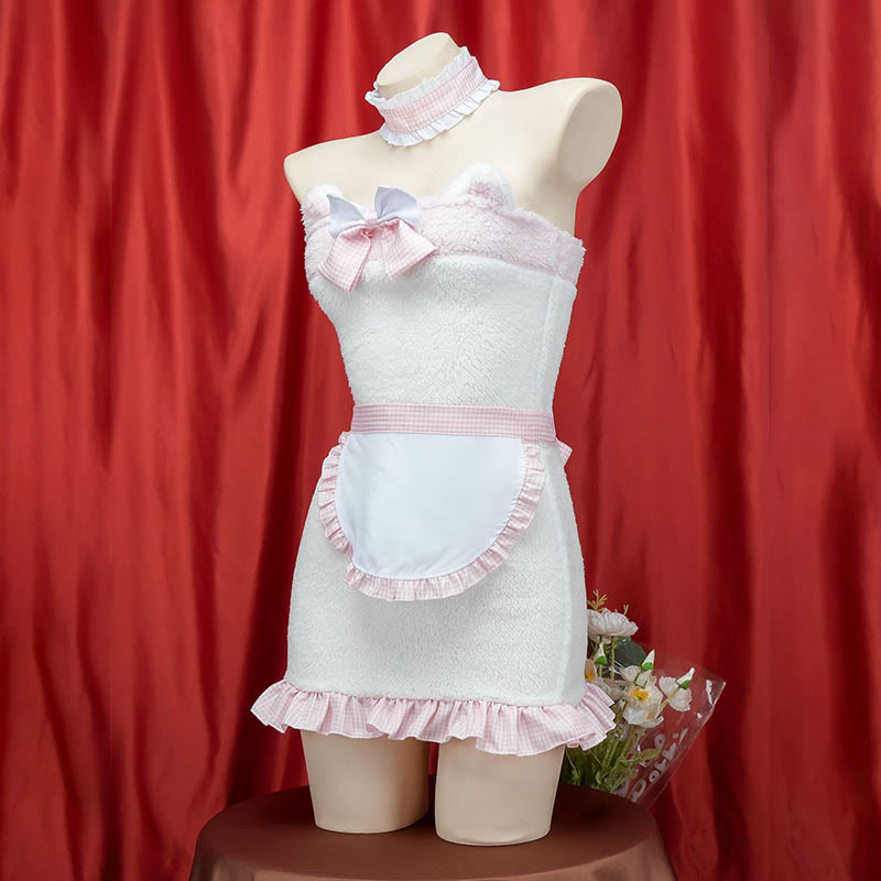 Pink Bow Knot Fuzzy Maid Apron Dress Lingerie modakawa