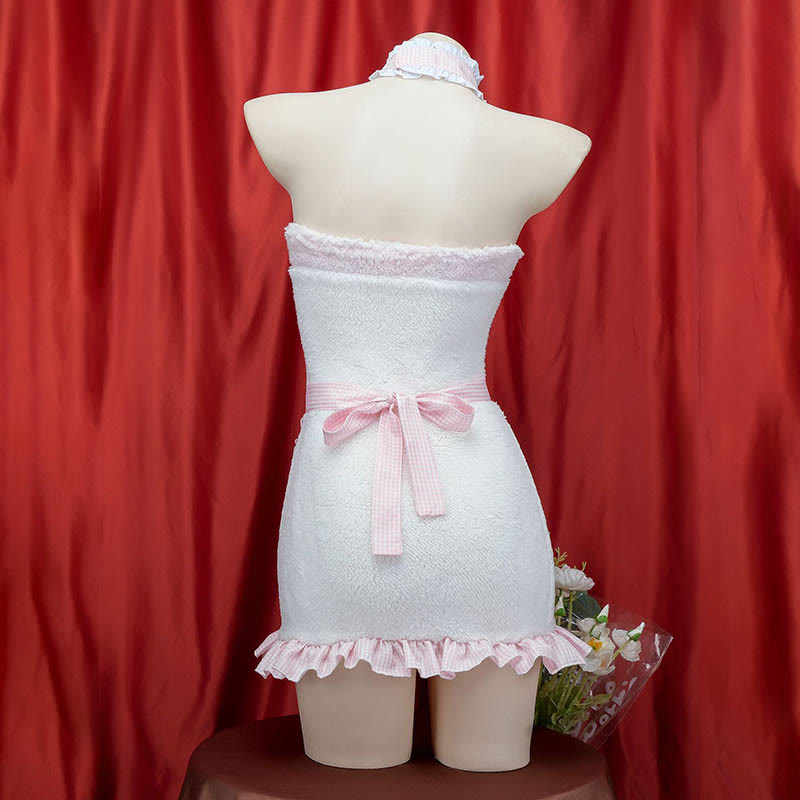 Pink Bow Knot Fuzzy Maid Apron Dress Lingerie modakawa