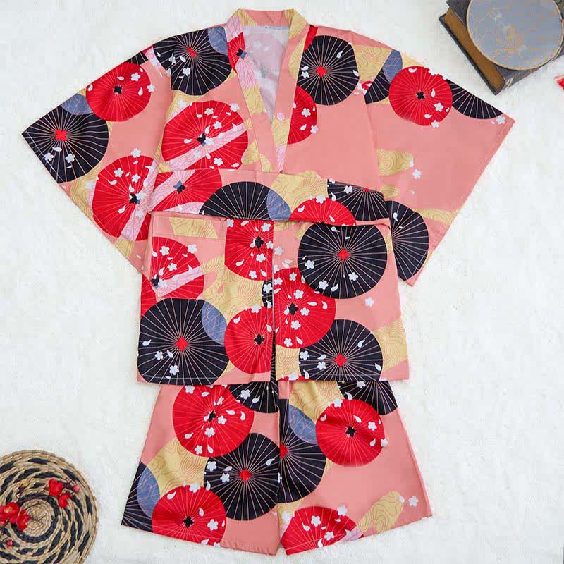 Red Cotton Vintage Print Cardigan Pajamas Modakawa