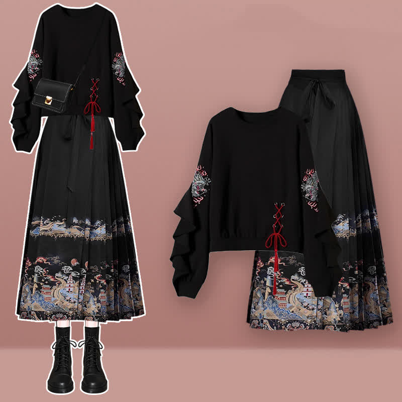 Exquisite Embroideried Lace Up Sweatshirt Pleated Skirt Modakawa