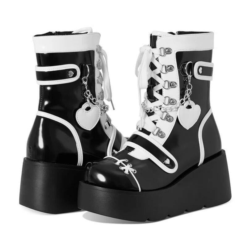 Y2K Heart Decor Lace Up Platform Lolita Martin Boots modakawa