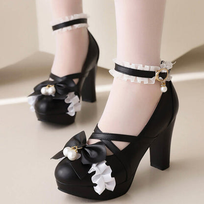 Sweet Bow Decor Lace Chunk Heel Sandals modakawa