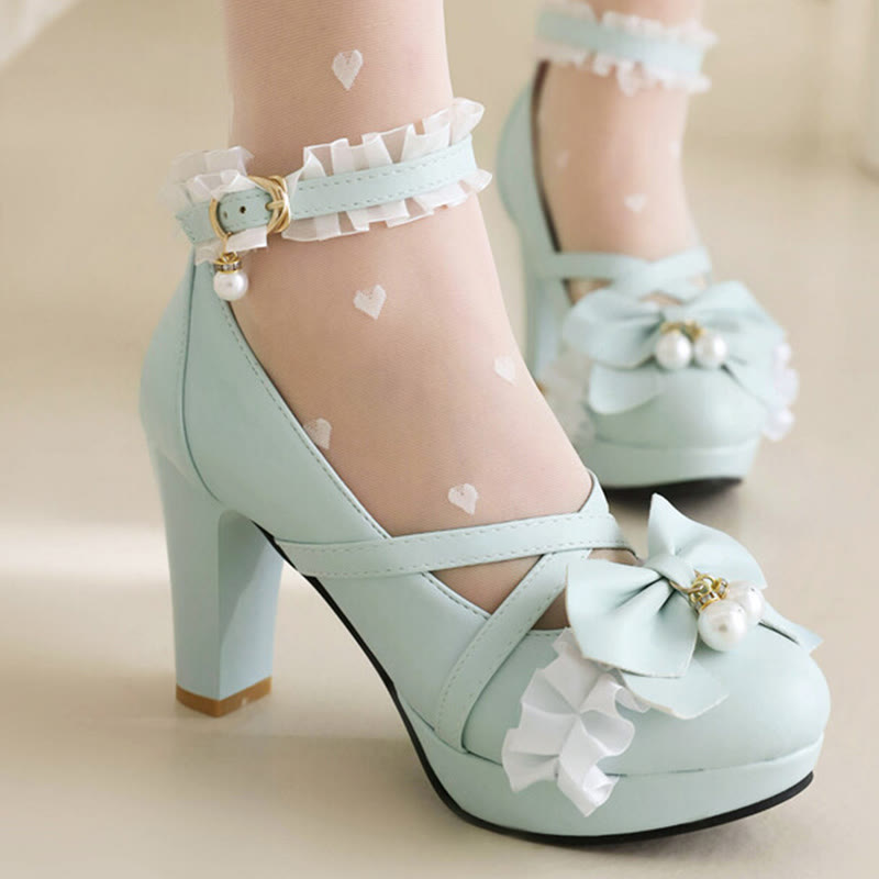 Sweet Bow Decor Lace Chunk Heel Sandals modakawa