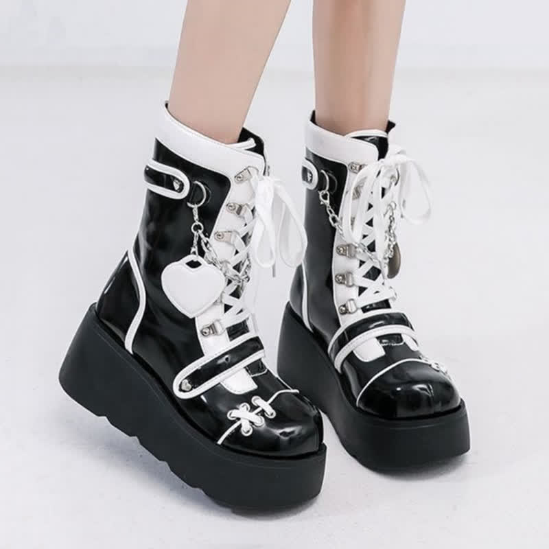 Y2K Heart Decor Lace Up Platform Lolita Martin Boots modakawa