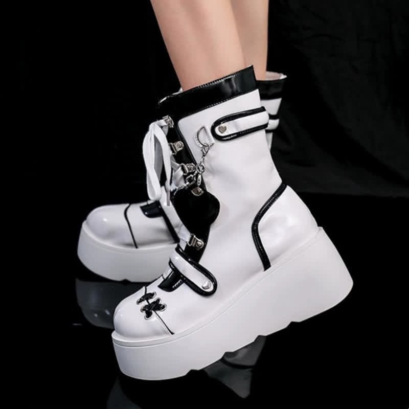 Y2K Heart Decor Lace Up Platform Lolita Martin Boots modakawa