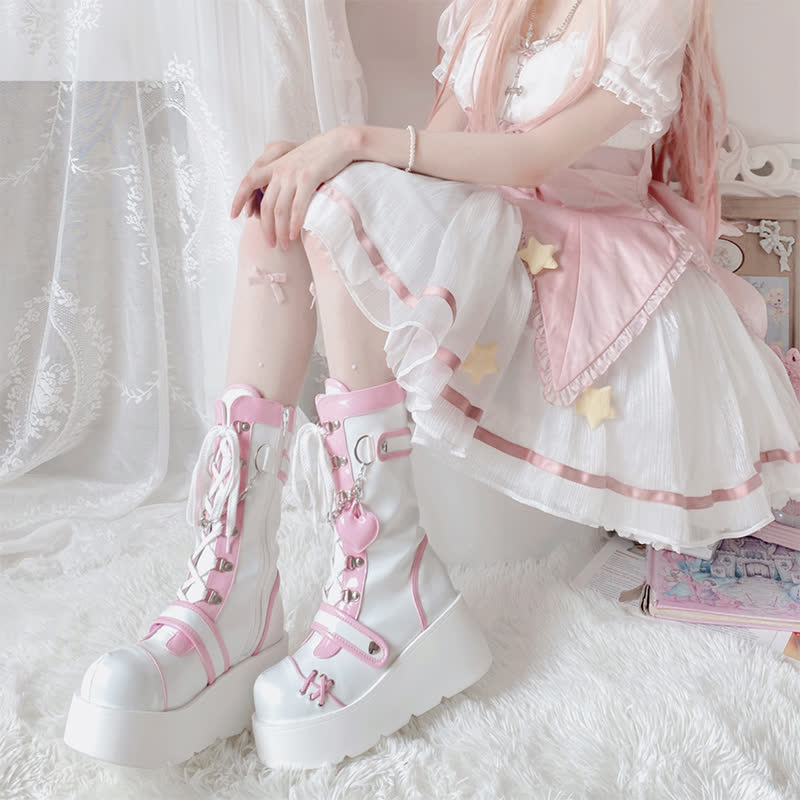 Y2K Heart Decor Lace Up Platform Lolita Martin Boots modakawa