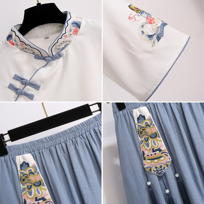 Vintage White Hanfu Buckle Shirt Tassel Skirt modakawa