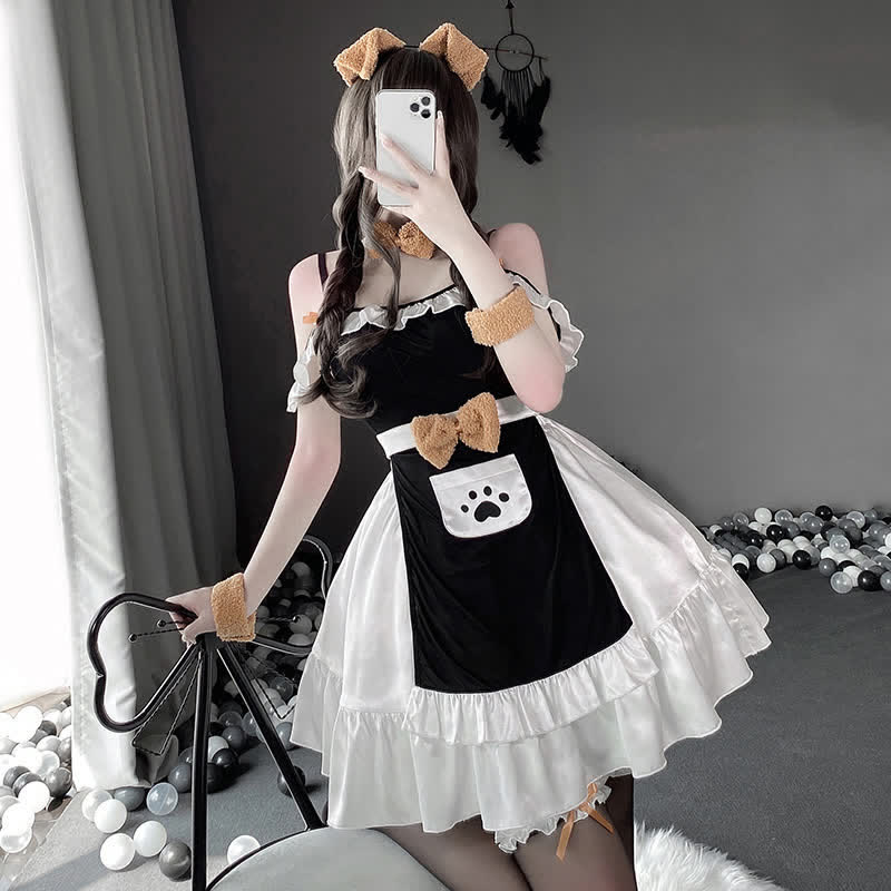 Plush Bow Knot Kitty Claw Pocket Maid Dress Lingerie Set Modakawa