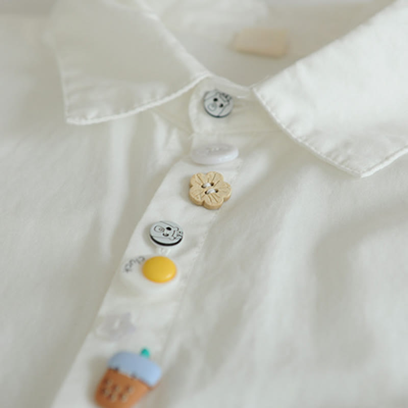 Cartoon Button Milk Tea Print Pocket Lapel Shirt modakawa