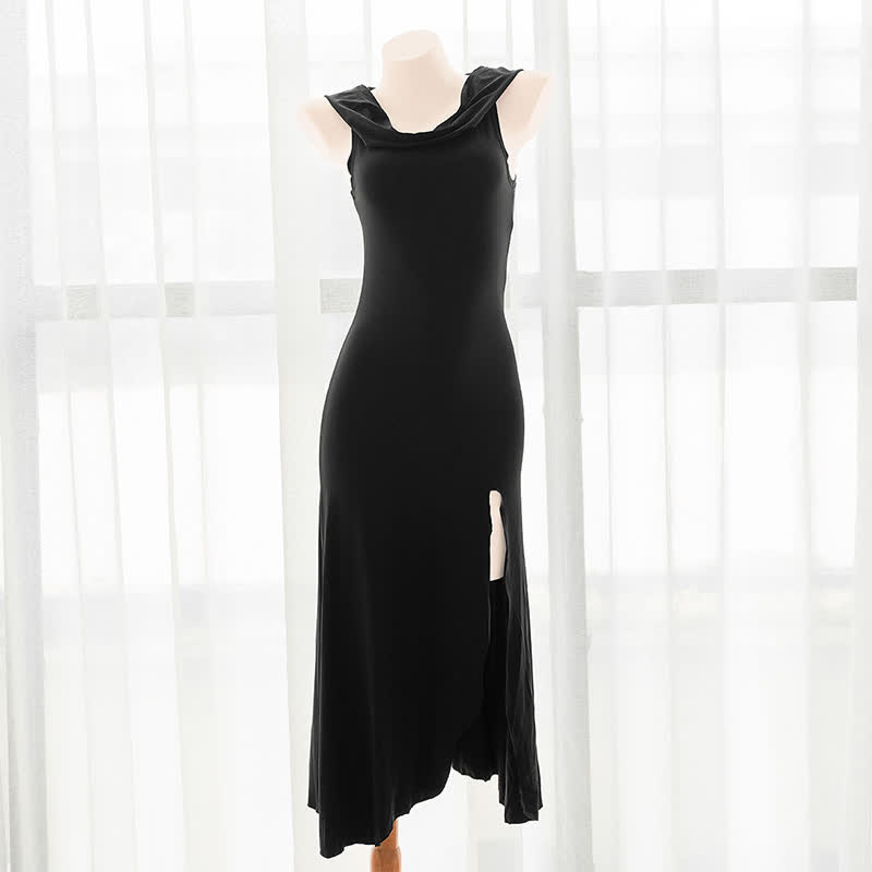 Black Witch Sleeveless Hooded Split Dress modakawa