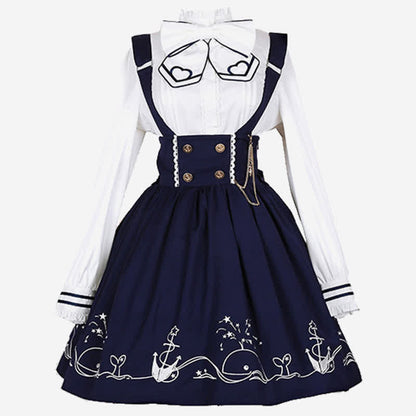 Sailor Collar Shirt Cartoon Dolphin Print Suspender Skirt modakawa