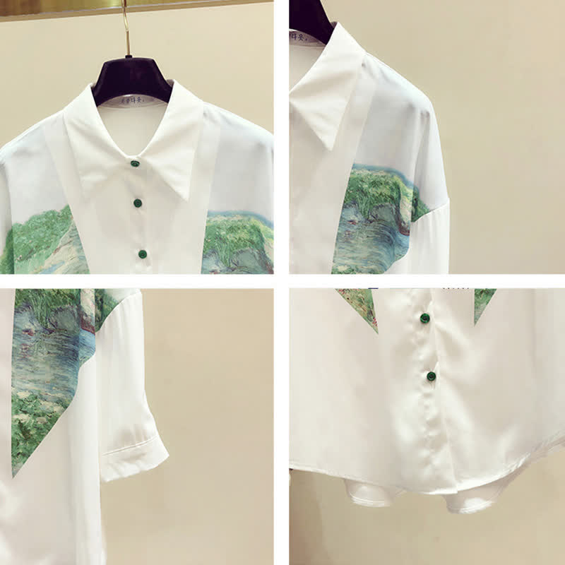 Chic Painting Print Chiffon Lapel Shirt modakawa